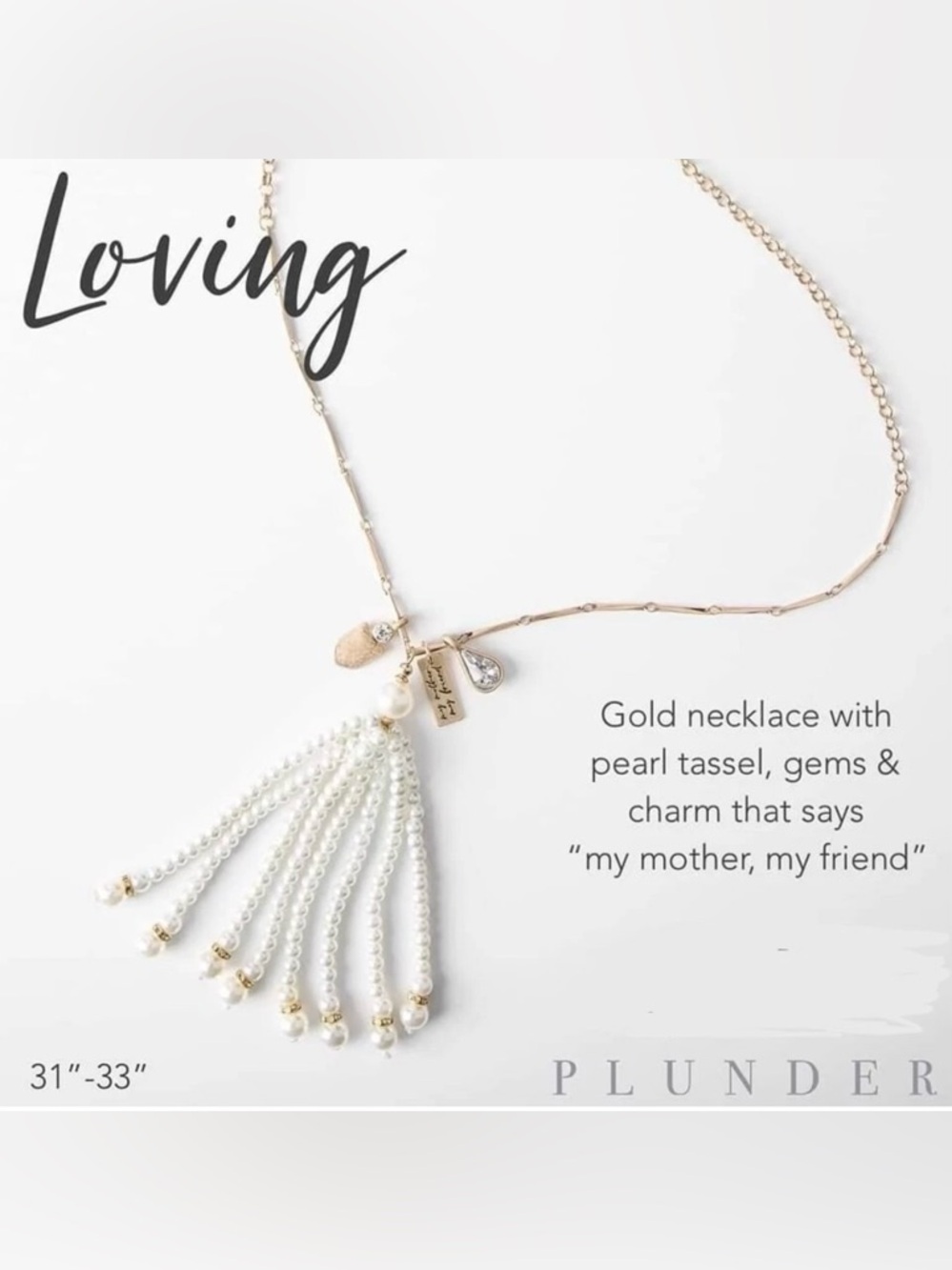 Plunder Mother’s Day Gold Necklace with White Pearl Tassel and Charms